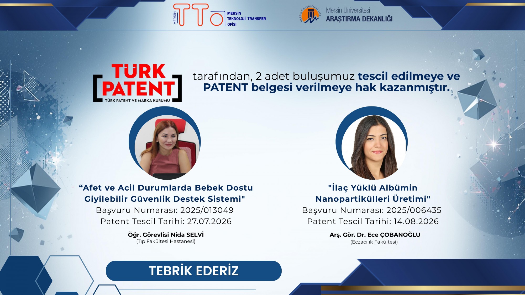 Two inventions from Mersin University have been awarded patents.